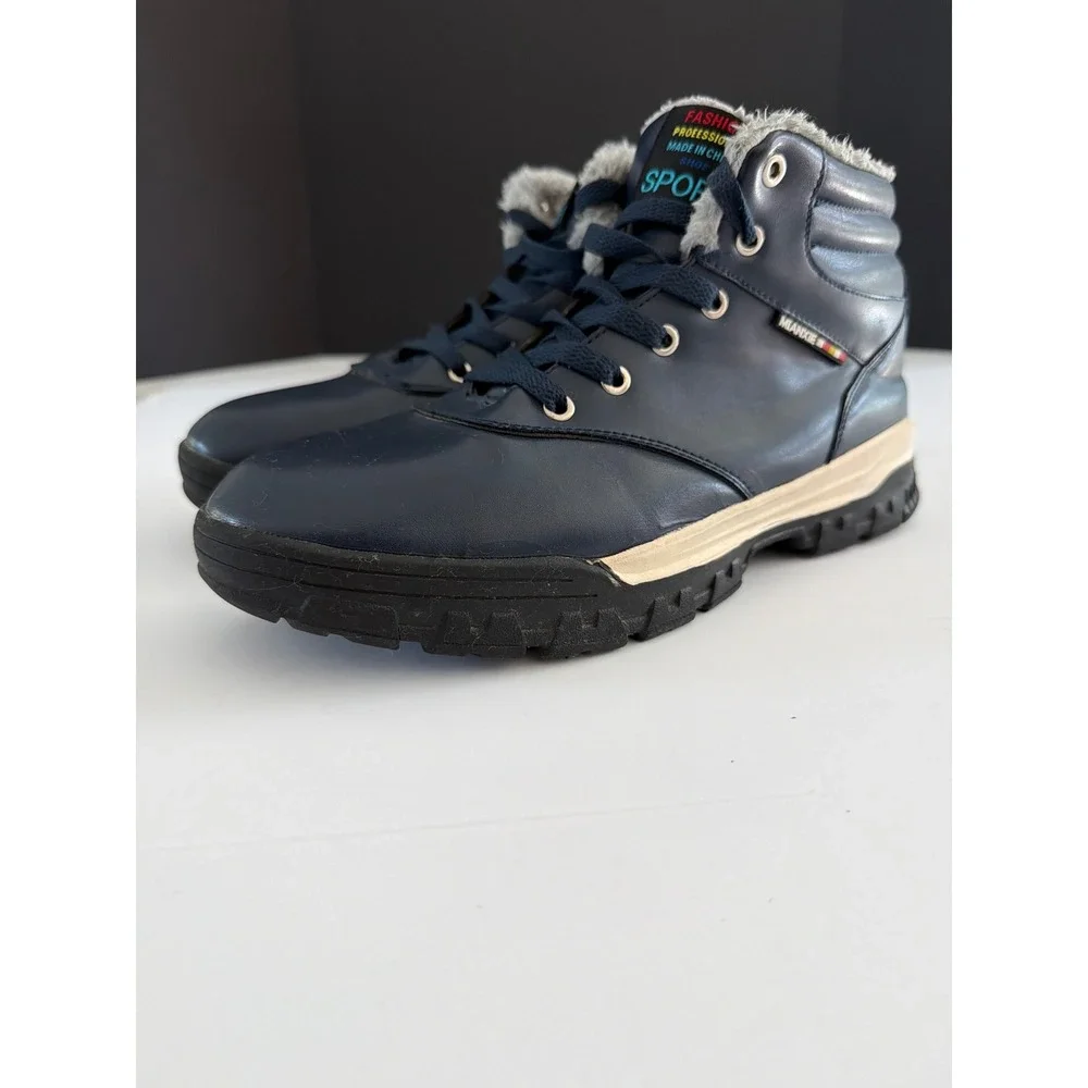 Mianxie Mens Navy Blue Faux Fur Lined Winter Boots Lace Up Sport Size 45 US 11.5